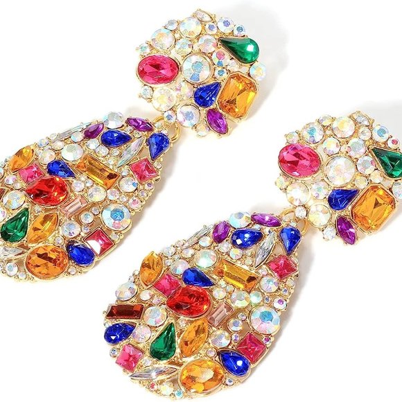 Crystals Teardrop Dangle Statement Earrings, Rhinestone Chandelier Fashion - Picture 6 of 6